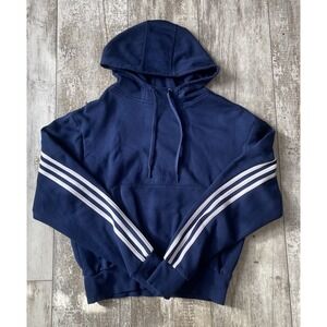 Men's Navy Blue Pullover Hoodie Sweatshirt White‎ Stripe Sleeves Size S